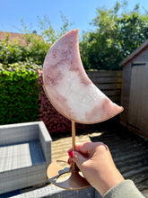 Load image into Gallery viewer, Pink Amethyst with Quartz Moon on Gold Custom Stand|Home Decor|Crystal Collection Piece
