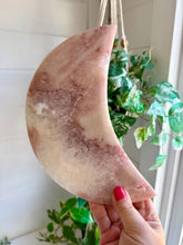 Load image into Gallery viewer, Pink Amethyst with Quartz Moon on Gold Custom Stand|Home Decor|Crystal Collection Piece
