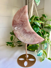 Load image into Gallery viewer, Pink Amethyst with Quartz Moon on Gold Custom Stand|Home Decor|Crystal Collection Piece
