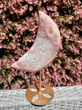 Load image into Gallery viewer, Pink Amethyst with Quartz Moon on Gold Custom Stand|Home Decor|Crystal Collection Piece

