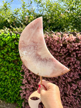 Load image into Gallery viewer, Pink Amethyst with Quartz Moon on Gold Custom Stand|Home Decor|Crystal Collection Piece
