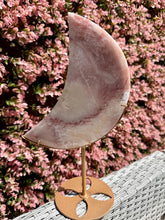 Load image into Gallery viewer, Pink Amethyst with Quartz Moon on Gold Custom Stand|Home Decor|Crystal Collection Piece
