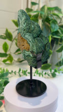 Load and play video in Gallery viewer, Natural Malachite with Part Polished Front on Custom Black Stand
