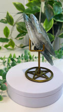 Load and play video in Gallery viewer, Moss Agate Double Diamond on Stand
