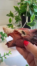 Load and play video in Gallery viewer, Hand Carved Mookaite Jasper Wolf Head Sculpture on Stand
