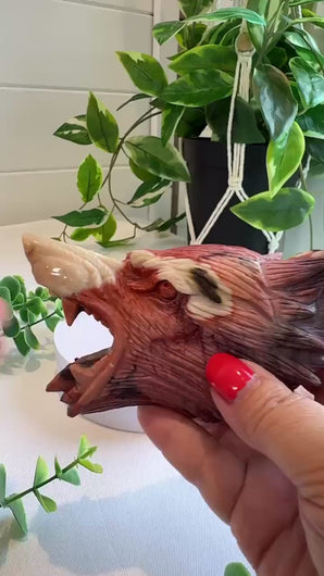 Hand Carved Mookaite Jasper Wolf Head Sculpture on Stand