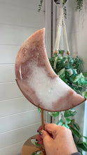 Load and play video in Gallery viewer, Pink Amethyst with Quartz Moon on Gold Custom Stand|Home Decor|Crystal Collection Piece
