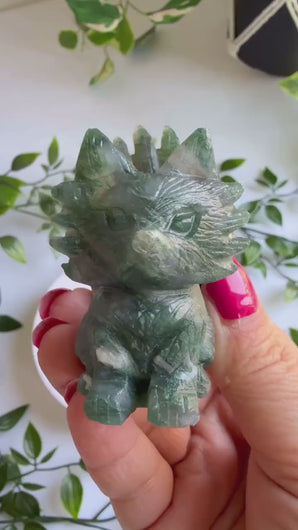 Hand Carved Moss Agate Nine Tail Fox|Crystal Decor