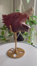 Load and play video in Gallery viewer, Hand Carved Mookaite Jasper Wolf Head Sculpture on Stand
