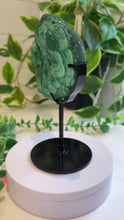 Load and play video in Gallery viewer, Natural Malachite with Part Polished Front on Custom Black Stand
