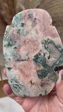 Load and play video in Gallery viewer, Pink Amethyst Slab with Green Jasper on Stand|Crystals from Brazil|Consciously Sourced|Crystal Decor|Natural Pink Amethyst
