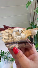 Load and play video in Gallery viewer, Mookaite Jasper Wolf Head with custom stand|Hand Carved
