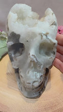 Load and play video in Gallery viewer, Moss Agate Druzy Skull|Druzy Moss Agate Carving|Crystal Skull|Moss Agate Skull|Consciously Sourced
