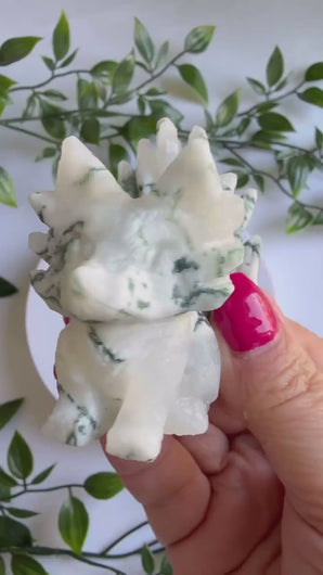 Hand Carved Moss Agate Nine Tail Fox|Crystal Decor