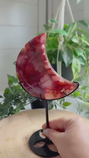 Fire Quartz Moon on Custom Stand|Home Decor|Crystal Moon|Red Hematoid Quartz