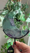 Load and play video in Gallery viewer, Rainbow Fluorite Moon on Custom Black Stand

